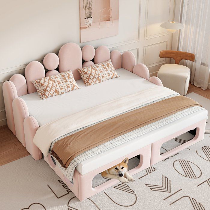Canapé-Lit Double 180x200 cm avec Espace pour Animal 2-en-1: Canapé Convertible+Lit dAppoint+Niche pour Chien/Chat Velours Rose