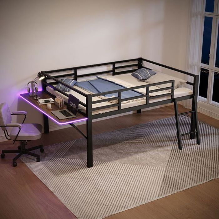lit surélevé 140 x 200 cm Lit métallique Rampe Échelle Bureau Bande lumineuse LED télécommandée métal Noir Noir O.Ye No LIT COMBINE