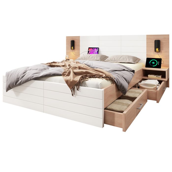 Lit Double 180x200cm Bois Chêne et Blanc - 2 Tiroirs Tête de Lit LED USB - Sommier Lattes et 2 Tables de Chevet sans Matelas