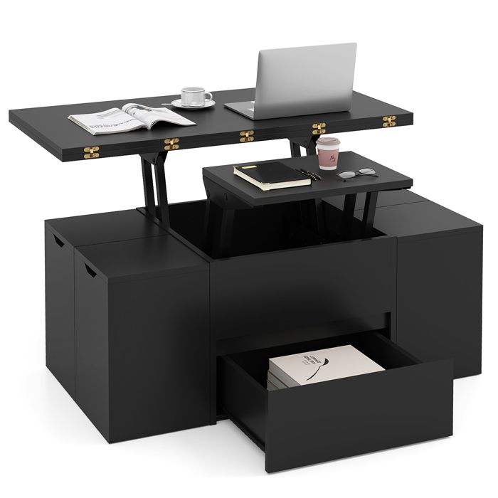 3 en 1 Table Basse avec Plateau Relevable COSTWAY 4 Tabourets de Rangement pour 4 à 8 Personnes Compartiment Caché Tiroir Noir