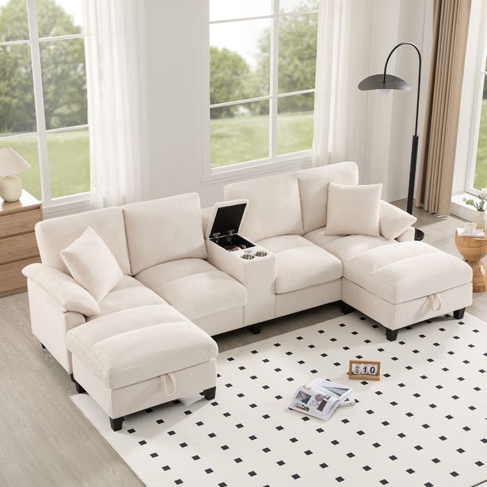 Canapé - Canapé dangle en U - 4 places - Velours côtelé beige - Rangement port USB et porte-gobelets