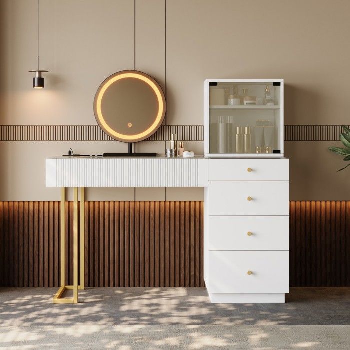 Coiffeuse blanche 120x40x120 cm avec miroir LED plateau verre trempé 5 tiroirs et 1 placard de rangement Sans Tabouret
