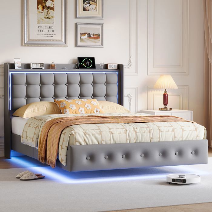 Lit flottant - URBANLUXE - Lit flottant 140x200 - Velours gris - LED intégrée - Sommier à lattes inclus