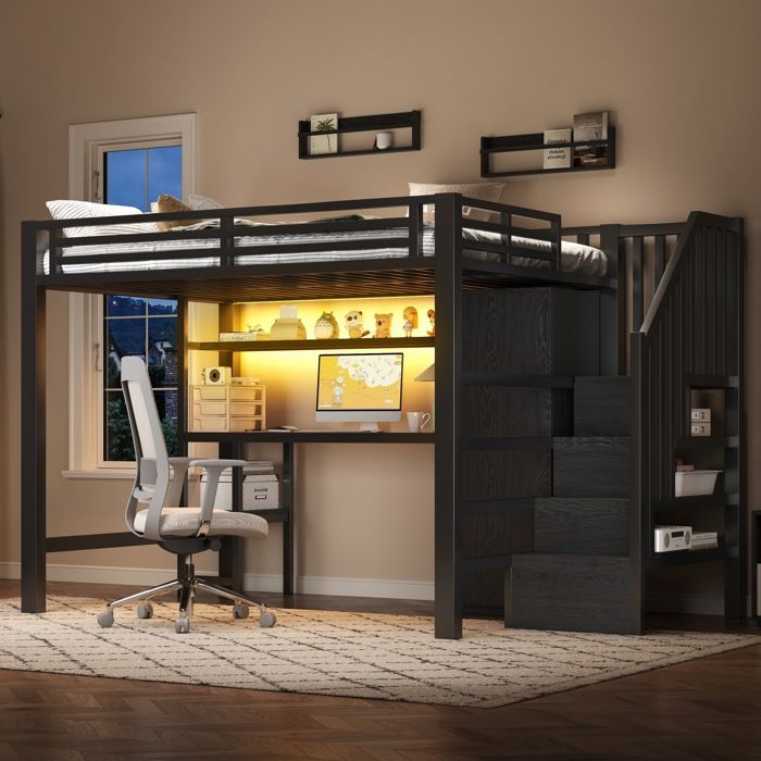 Lit mezzanine métal lit double 140x200 cm lit pour adulte avec bureau étagère armoire et escalier de rangement noir