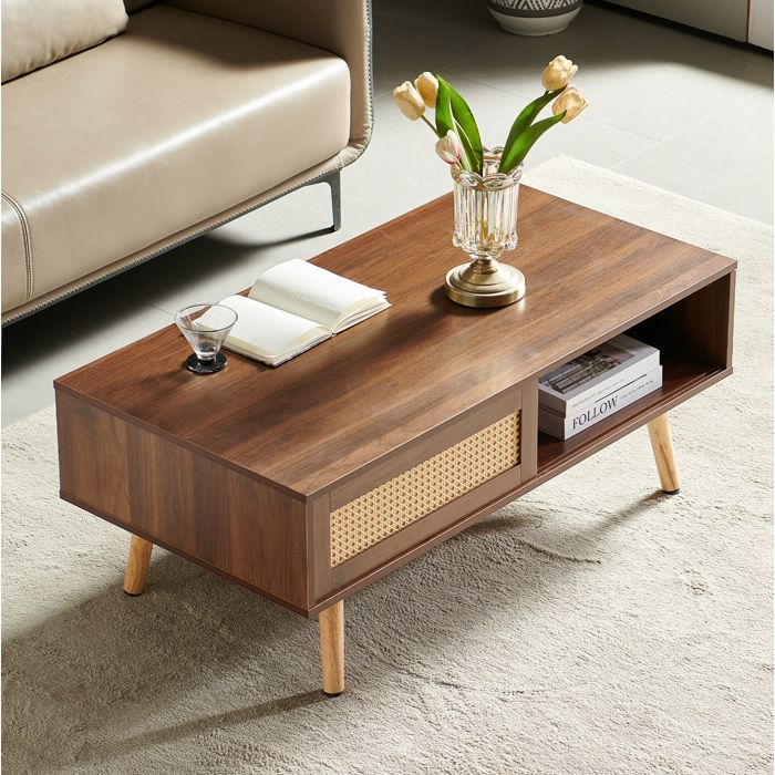 Table basse marron L 105 x P 55 x H 40 cm MDF porte coulissante en rotin pieds en bois massif