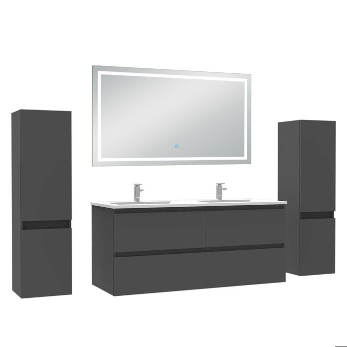 AICA Meuble de salle de bain 120 cm anthracite mat avec Lavabo 2 colonnes miroir LED 6000K dimmable AICA Meuble de salle de bain 120 cm anthracite mat avec Lavabo 2 colonnes miroir LED 6000K dimmable