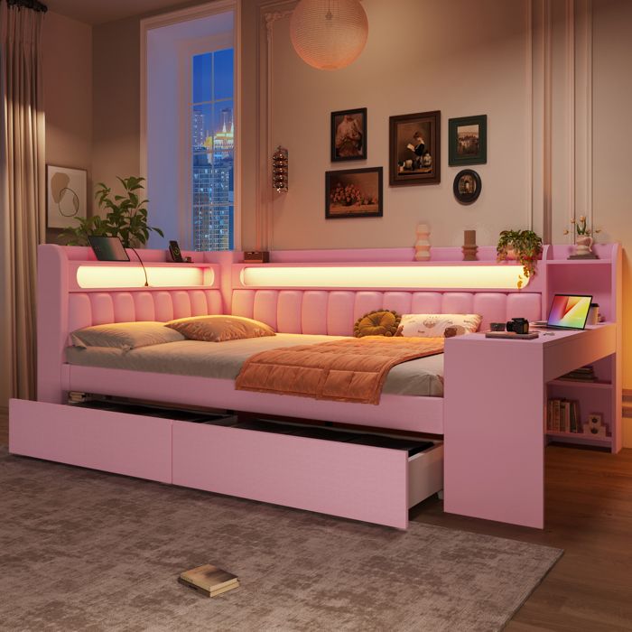 Lit mezzanine enfant - Daybett rembourré 140x200 - LED multicolore - USB - Bureau et 2 tiroirs