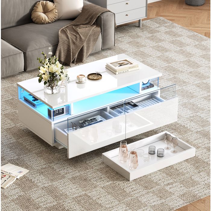 HOMVRA Table basse 90 x 45 x 355 cm blanc brillant avec 2 tiroirs plateau amovible verre trempé et LED