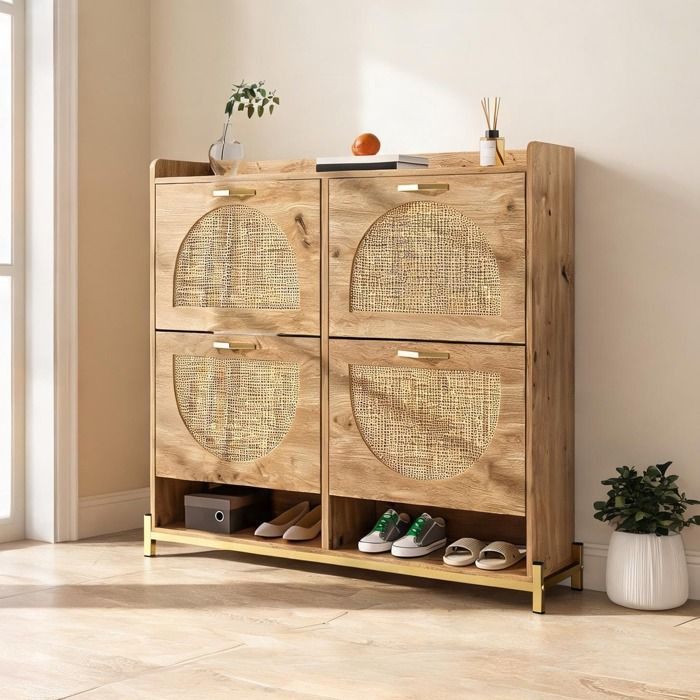 Meuble à chaussures en bois MDF avec portes cannage rotin et cadre métal – 4 portes niche haute 1085 cm