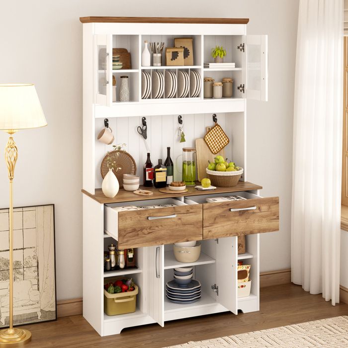COVREO Buffet de cuisine 106 x 39 x 176 5 cm avec 2 tiroirs 5 portes vitrées et crochets blanc et bois