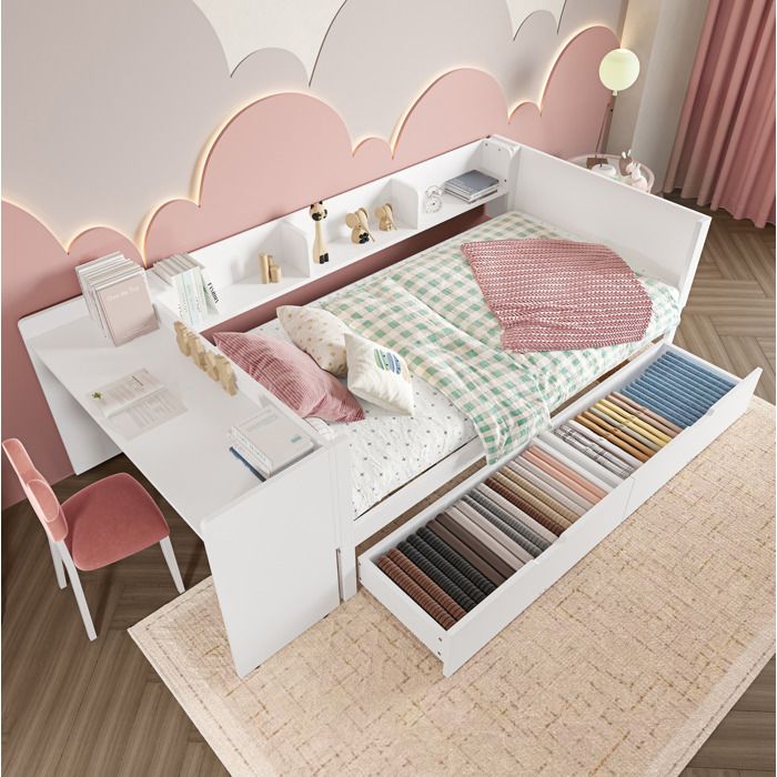 COVREO lit combiné 90x200 cm avec bureau intégré 2 tiroirs 3 étagères pin et panneau de particules blanc