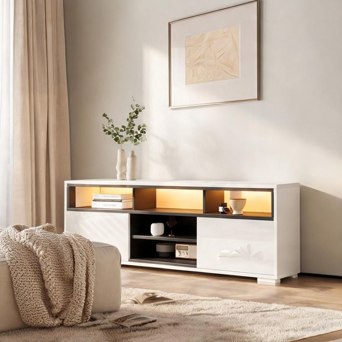 Meuble TV bas blanc brillant 150 cm avec LED et 8 rangements – panneau de particules