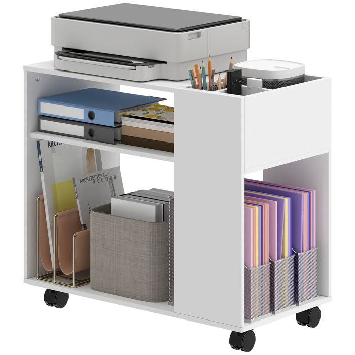 Table Basse sur Roulettes Meuble Imprimante avec Compartiments Ouverts et Étagères 70x36x60 cm Blanc