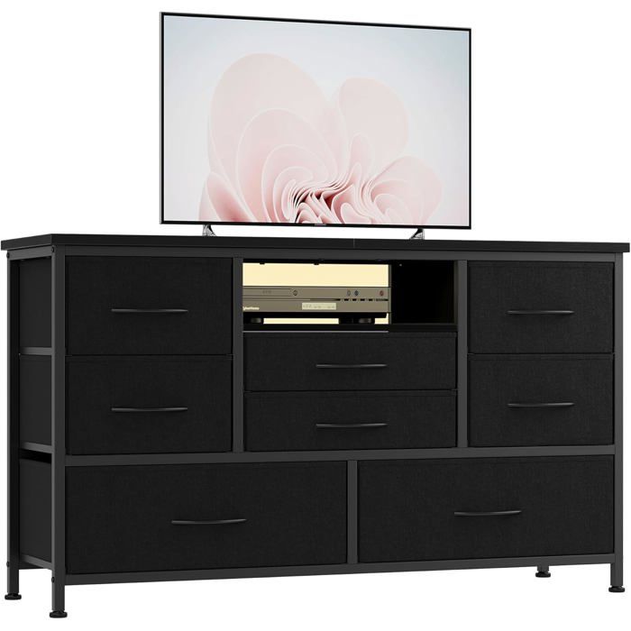 Meuble TV Commode avec éclairage LED 3 Prises électriques Et 2 Ports USB 8 Tiroirs pour Chambre à Coucher Salon noir