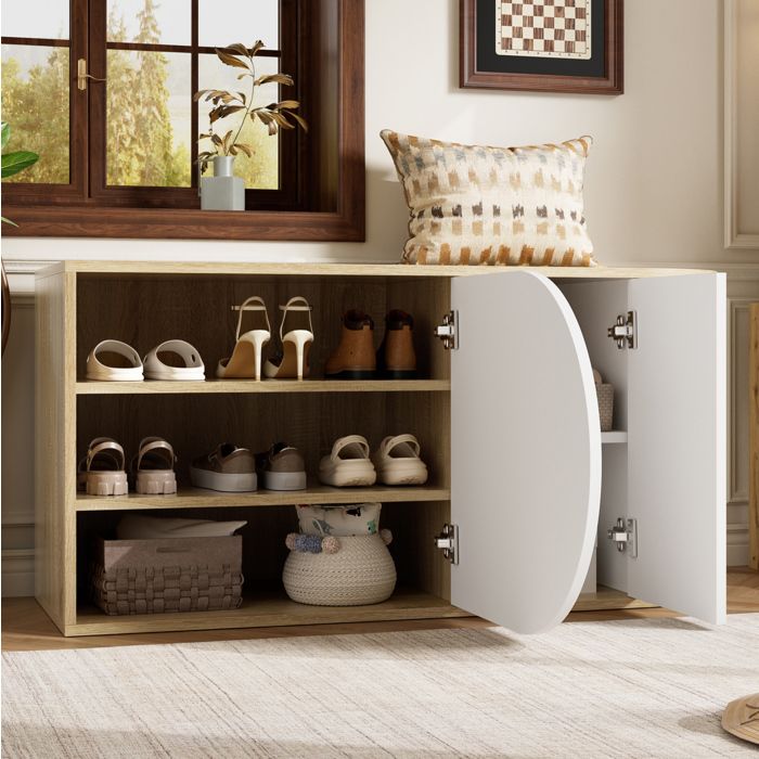 Meuble à chaussures banc 2 Portes avec 3 Niches et 1 Crochet Latéral - YEAVIO - Blanc Brillant décor bois Entrée 104×37×50 cm