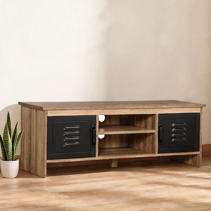 Meuble TV industriel 110 cm brun clair et noir panneaux de particules E1 2 placards 2 niches et passe-fils intégrés