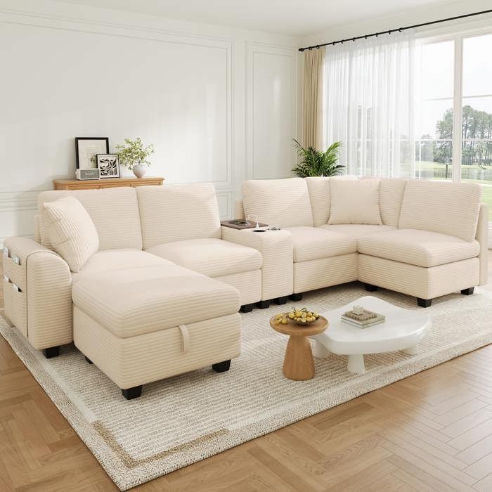 Canapé dangle U modulable 6 places en velours côtelé avec pouf coffre et console centrale rangements latéraux 311 cm beige