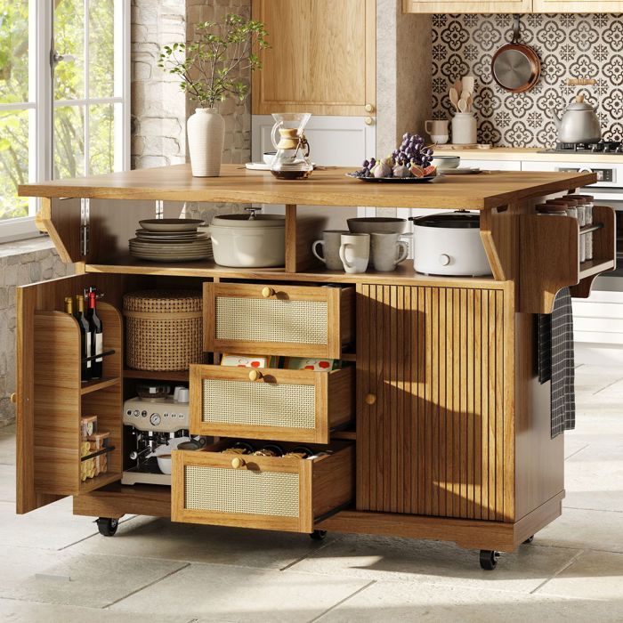 Desserte de cuisine - SOGEU - Pliable - PE rotin étanche - Plateaux rabattables - Hauteur ergonomique