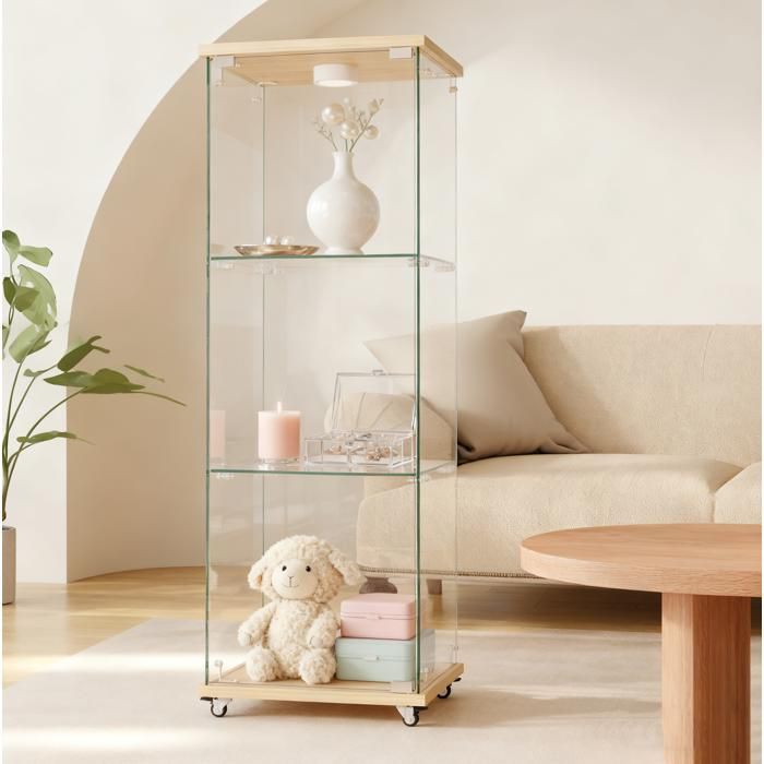 Vitrine en verre trempé LED moderne 1 porte 3 niveaux aspect bois naturel avec roulettes MDF VEVXYN