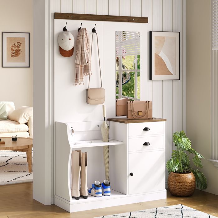 Vestiaire d’entrée avec miroir 110 5x38x191 cm 2 tiroirs 1 porte porte-manteau et range-chaussures blanc bois VEVXYN
