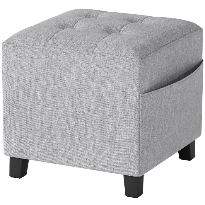 Petit pouf carré gris clair repose-pieds en lin avec poche latérale et pieds hévéa pour salon