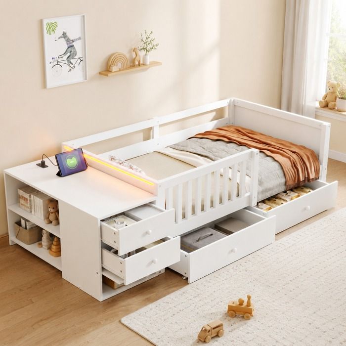 Lit combiné enfant 90×200 cm bureau intégré rangement LED prise barrière - YEAVIO - sans matelas blanc