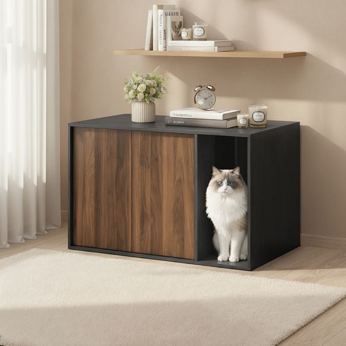 Armoire pour Bac à Litière Chat Grande Taille Montage Facile Table d’Appoint Noir et Marron