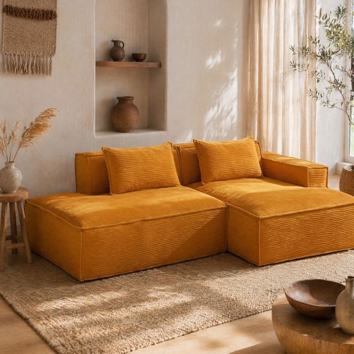 MEUVYX Canapé dangle fixe 2 places avec Ressorts Ensachés et 2 Coussins en Polyester Jaune Moutarde