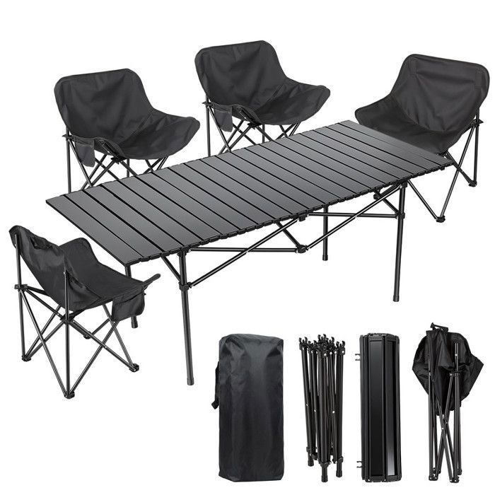 Ensemble table et chaises de jardin - GIPAZ - Salon de jardin 4 personnes avec Table acier carbone Pliable - Noir