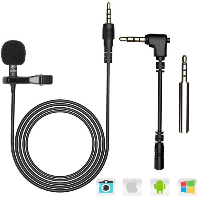 Microphone Cravate pour PC 3.5mm Jack Audio avec Pince Microphone à Condensateur avec Adapteur pour Skype, iPhone, Android etc-Noir