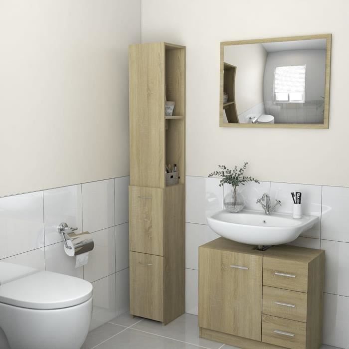 Armoire de salle de bain - AKOZON - Chêne sonoma - 25x25x170 cm - Aggloméré - Montage facile