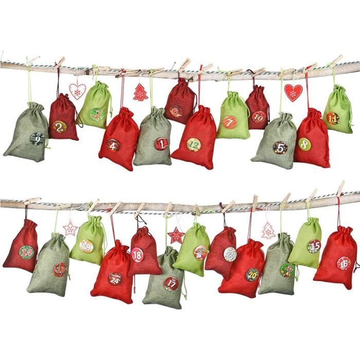 Kit Calendrier De L'Avent 2025/2026 à Remplir - 24 Pochette Tissu (2 Tailles) + Chiffres Bois 1-24 + Ficelle & Pinces
