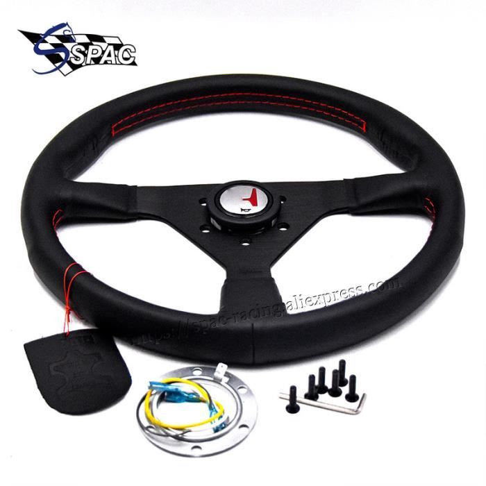 Volant De Course Universel 14 Pouces, Volant à 6 Boulons Avec Bouton Klaxon Cuir Pu Aluminium Prise En Main Confortable Remplacement Auto