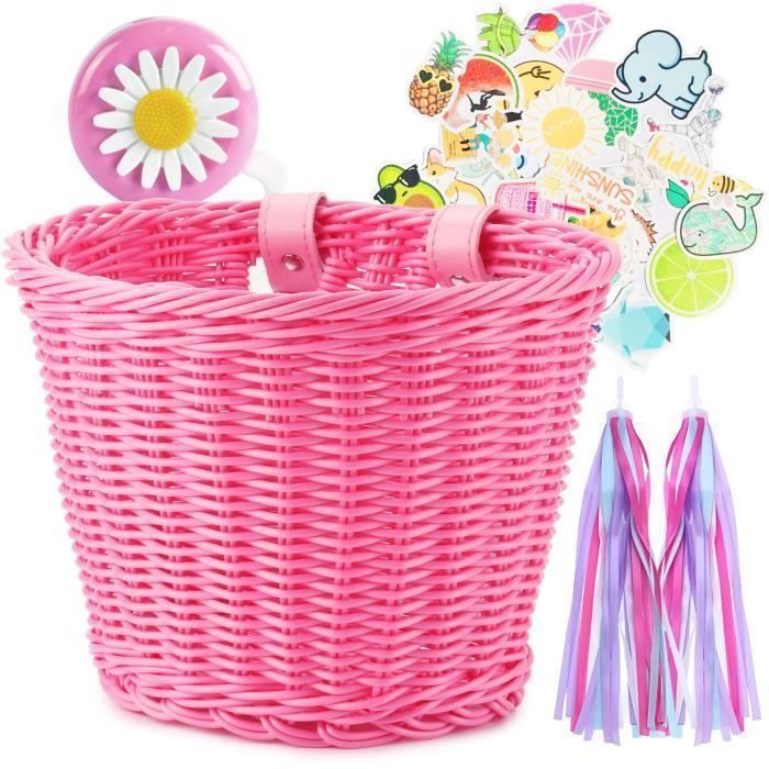 Panier Velo Enfant Fille Décoration Vélo avec Cloche de vélo, Vignette et Rubans Tassel pour Accessoires Bicyclette, Rose