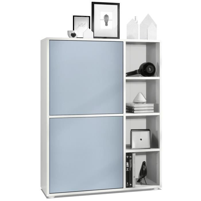 Vladon Buffet haut Cuba avec 8 compartiments caisson en blanc mat - Façades en Denim mat