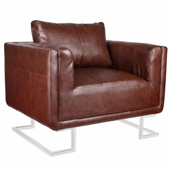 Fauteuil cube avec pieds chromés Cuir synthétique Marron Chaise Meubles Fauteuil Cabriolet Salon Maison