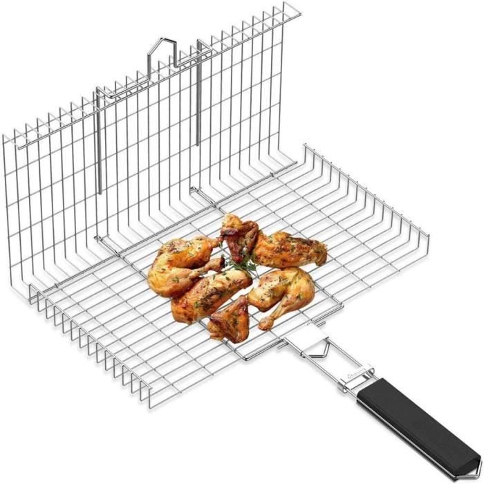 Panier De Barbecue Pliable Avec Poignée Longue - Acier Inoxydable, Pour Légumes, Viandes, Poissons, Saucisses - 13