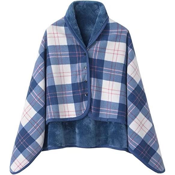 Femme Poncho Polaire Sweat Plaid Châle Polaire Cape Chaud d'hiver avec Boutons Couverture à Carreaux（Bleu）