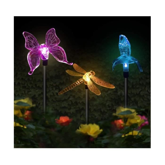 Lot de 3 lampes solaires de jardin à LED multicolores changeantes en formes de papillon colibri libellule Pour décoration de fête