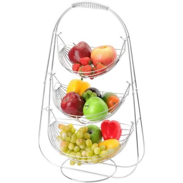 Corbeille à Fruits Suspendue 3 étages - Hauteur 73 Cm, Profondeur 28 Cm - Acier Chromé - Hauteur Réglable - Jusqu'à 5 Kg