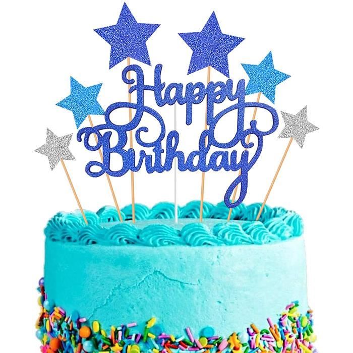 Happy Birthday Cake Topper Bleu Gateau Decoration D Anniversaire Pour Enfants Filles Garcons Femmes Homme Argent Etoiles Joyeux An Cdiscount Maison