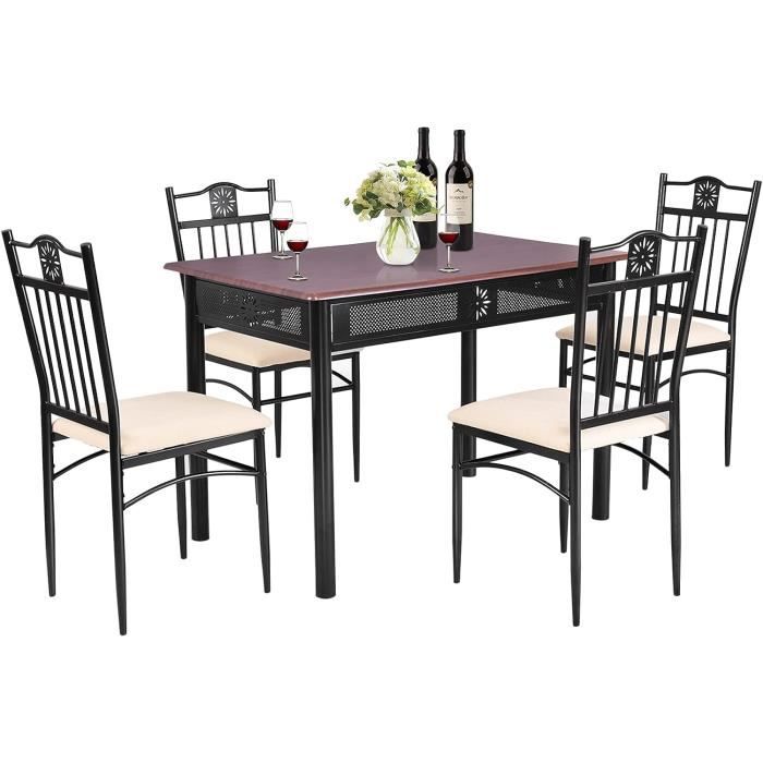 COSTWAY Ensemble Table de Cuisine avec 4 Chaises Rembourrées Souples Cadre en Métal Laqué Marron COSTWAY Ensemble Table de Cuisine avec 4 Chaises Rembourrées Souples Cadre en Métal Laqué Marron