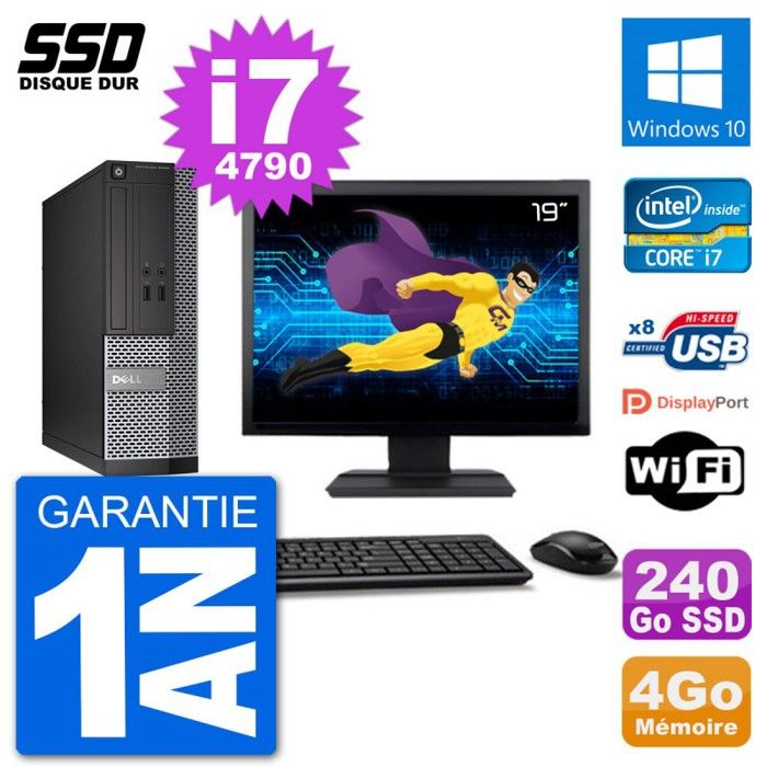 PC Dell Optiplex 3020 SFF Ecran 19 i7-4790 RAM 4Go SSD 240Go Windows 10 Wifi