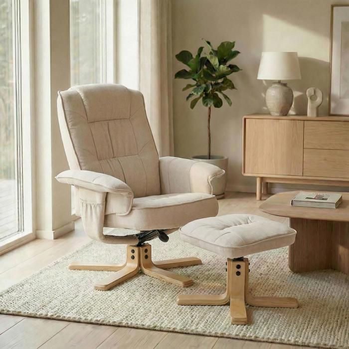 Fauteuil de relaxation avec repose-pieds CHARLY, en tissu beige