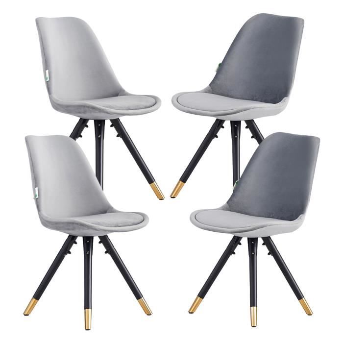 Lot de 4 Chaises Scandinave en Velours Gris Clair - Rembourrée - Pieds Obliques en Bois - Salle à Manger Cuisine ou Salon