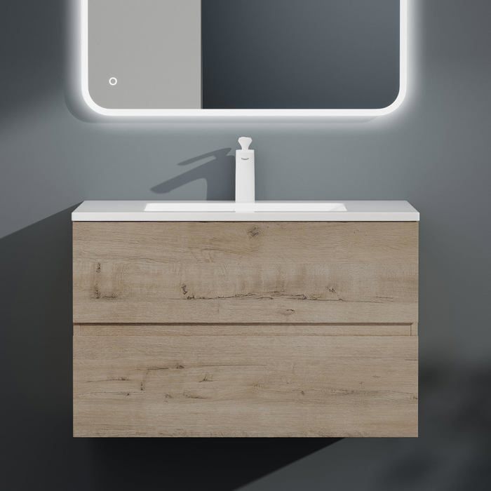 Mai & Mai Meuble sous Lavabo Chêne Blanc Clair Meuble Suspendu 80x48x50cm avec 2 Tiroirs + Lavabo + Bonde sans Robinet Aqu
