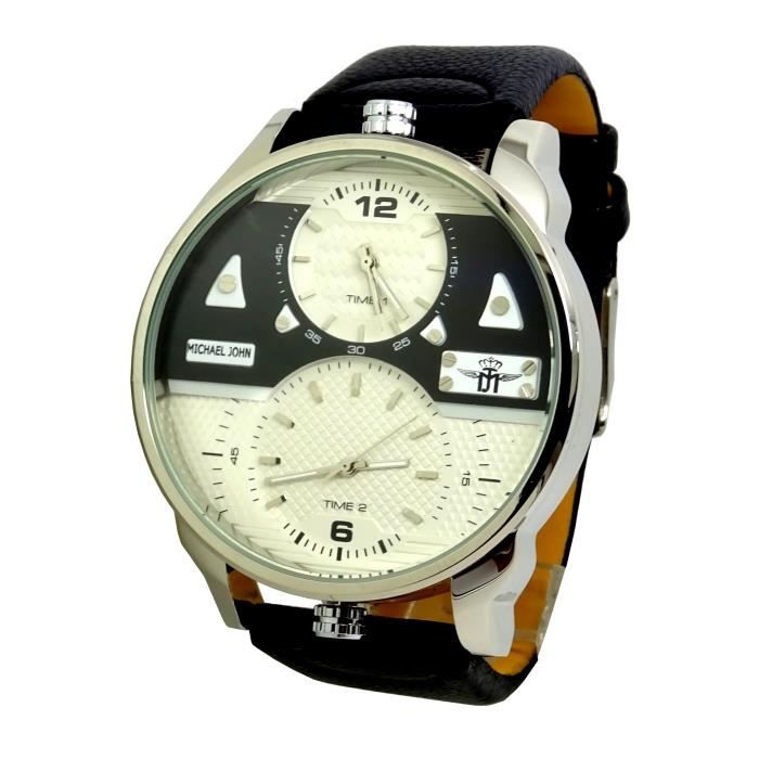 MONTRE HOMME MR DADDY 2.0 NOIR DESEL CUIR BLANC ARGENT 2 FUSEAUX HORAIRE XXL MJ