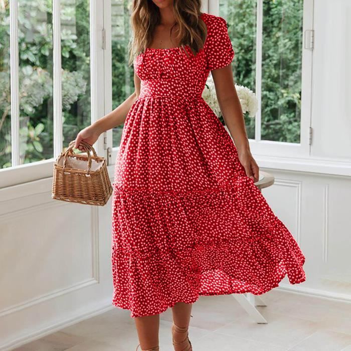 Robe Femme Robe Ample D Ete Decontractee A Col Carre Imprimee A Manches Courtes Rouge Rouge Cdiscount Pret a Porter