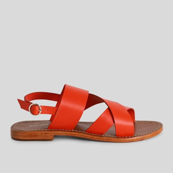 Sandales croisees en cuir responsable rouge Femme Talon plat 2cm Boucle de serrage Coquelicot Cdiscount Chaussures