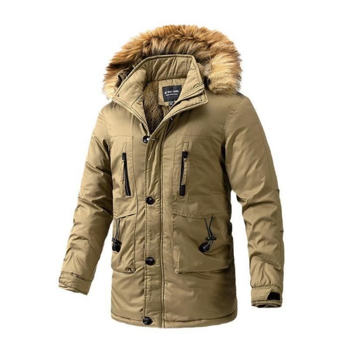 Parka Homme Capuche Fausse Fourrure Hiver Veste Chaude Mi Longue Doublee Polaire En Coton Couleur Unie